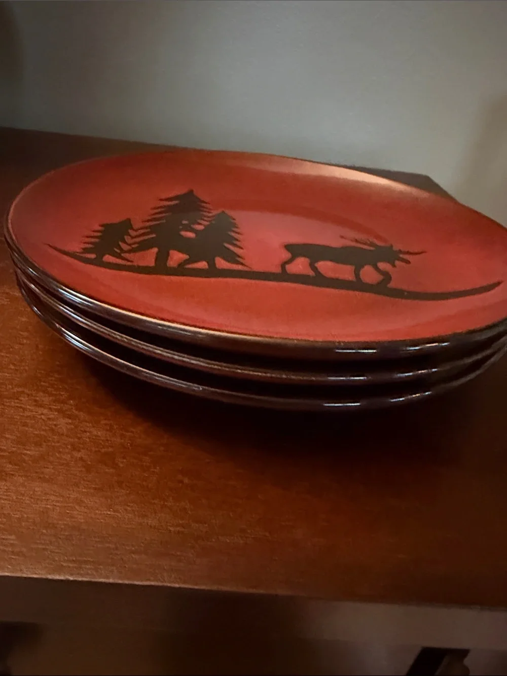 Dennis East International Woodland Moose Salad (8.25”) Plates Burgundy set of 3